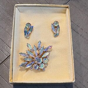 Aurora Crystal Brooch and Earring Set - Iridescent Blue